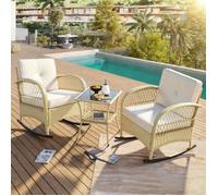 Ensemble fauteuils à bascule jardin - 2 fauteuils + table - Cadre fer galvanisé - Rotin tressé - Verre trempé