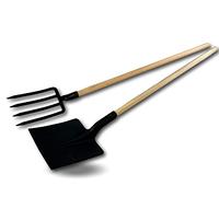 Ensemble fourche bêche 4 dents larges + pelle carrée | Manche en bois | Tête en acier noir | Retourner, aérer la terre | Creuser, trancher, racler | Outils de jardinage | Kibros PLCFCHLKIT