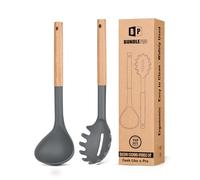 Ensemble fourchette à pâtes et louche en silicone avec poignée en bois, résistant à la chaleur, ustensiles de cuisine antiadhésifs pour cuisiner, remuer, servir des spaghettis, soupe, sauce (gris)