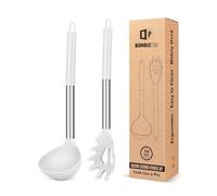 Ensemble fourchette à pâtes et louche en silicone - Grands ustensiles de cuisine antiadhésifs pour cuisiner, remuer, servir des spaghettis, de la soupe, de la sauce (blanc)