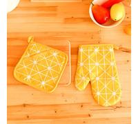 Ensemble Gant de Cuisine de Coton et de Lin en Motif Jaune (26cm x 17cm) et Manique (17cm x 17cm) pour BBQ Cuisson Cuisson Grill Micro-Ondes Automne Hiver