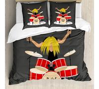 Ensemble housse de couette ABAKUHAUS, motif cool représentant un jeune garçon jouant du rock'n'roll, 200 x 200 cm + 80 x 80 cm, taupe foncé multicolore