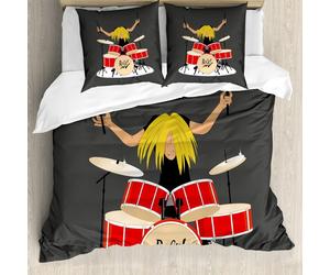 Ensemble housse de couette ABAKUHAUS, motif cool représentant un jeune garçon jouant du rock'n'roll, 200 x 200 cm + 80 x 80 cm, taupe foncé multicolore