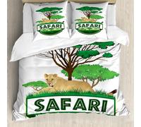 Ensemble housse de couette ABAKUHAUS Safari, savane africaine avec lion et arbres verts, nature sauvage et exotique, 200 x 200 cm + 80 x 80 cm, sable brun vert chasseur
