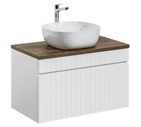 Ensemble ICON blanc : meuble sous vasque 80cm + plan pour vasque aspect bois foncé + vasque à poser blanche