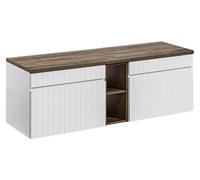 Ensemble ICON blanc : meubles sous vasque 140cm avec niches visibles + plan pour vasque aspect bois foncé