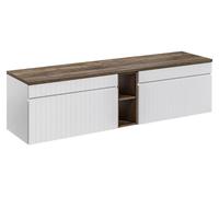 Ensemble ICON blanc : meubles sous vasque 180cm avec niches visibles + plan pour vasque aspect bois foncé