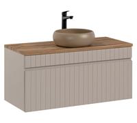 Ensemble ICON : meuble sous vasque 100cm cachemire + plan pour vasque aspect bois + vasque ronde à poser