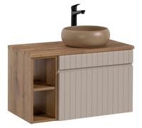 Ensemble ICON : meuble sous vasque 60cm cachemire avec niches visibles + plan pour vasque aspect bois + vasque à poser ronde