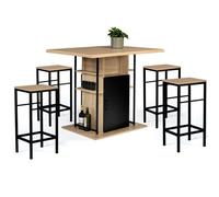 Ensemble ilot central 110 cm bois noir et imitation h?tre avec rangements et 4 tabourets design industriel