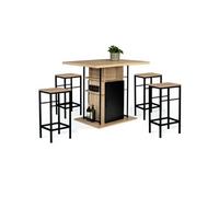 Ensemble ilot central 110 cm bois noir et imitation hêtre et 4 tabourets design industriel