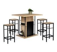 IDMARKET - Îlot central 110 cm - Noir & imitation hêtre - 4 tabourets - Design industriel