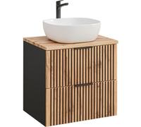 Ensemble KINOKO : meuble sous vasque à tiroirs 60cm + plan vasque chêne + vasque blanche carré à poser