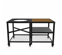 Ensemble LARGE DELUXE : Table modulaire + meuble extension (1 plateau inox + 1 plateau acacia + 1 plateau grille)