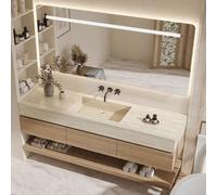 Ensemble lavabo suspendu - pierre frittée - aspect travertin, avec miroir, meuble sous-vasque, tablette et siphon, sans trou pour la robinetterie 110 × 55 cm【YT9865-110 BKK】