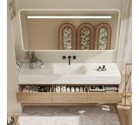 Ensemble lavabo suspendu - pierre frittée - aspect travertin, avec miroir, meuble sous-vasque, tablette et siphon, sans perçage pour robinetterie 130 × 55 cm【RW9865-130 BKK】