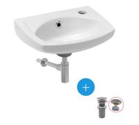Ensemble lave-main suspendu avec trou pour robinetterie, trop plein, 35x28cm + Bonde clic-clac + Siphon de lavabo (EUR913-SET2)