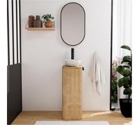 Ensemble lave-mains totem en chêne massif avec vasque et miroir ovale