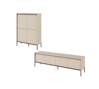 Ensemble LENARA avec buffet haut 100 cm + meuble TV 193 cm avec tasseaux et LED beige BOBOCHIC Beige