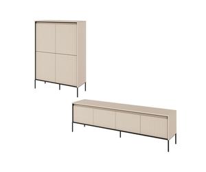 Ensemble LENARA avec buffet haut 100 cm + meuble TV 193 cm avec tasseaux et LED beige BOBOCHIC Beige