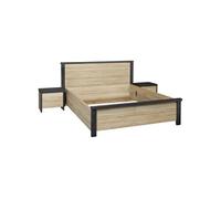 Ensemble Lit 140x190cm + Chevets Effet Bois et Béton - SIWA -