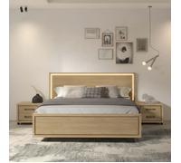 Ensemble Lit 160x200cm avec éclairage led + 2 chevets aspect bois et noir - LUDY