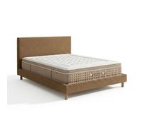 Ensemble lit 2 places - SAMPUR - Lit camel - 140x190 cm - Tissu bouclette - Matelas 33 cm mémoire de forme