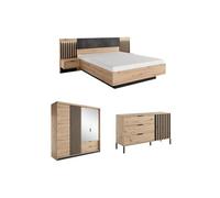 Ensemble lit avec chevets 160 x 200 cm + Commode + Armoire - Coloris : Naturel et noir - ARIADA