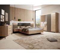 Ensemble lit coffre avec chevets 160 x 200 cm + Matelas + Commode + Armoire - Coloris : Naturel et noir - ARIADA