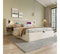 Ensemble Lit Complet pour Chambre à Coucher, avec Rangement hydraulique, Lit Double 180×200 cm avec 2 Tables de Chevet, tête de lit avec Lampe de Lecture et Fonction de Charge USB, (sans Matelas)