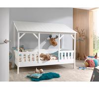 Ensemble lit de maison Vipack avec sommier à lattes et matelas, surface de couchage 90 x 200 cm, finition blanc partiellement massif Toit en blanc