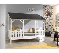 Ensemble lit de maison Vipack y compris sommier à lattes et matelas, surface de couchage 90 x 200 cm, finition blanc partiellement massif toit en noir
