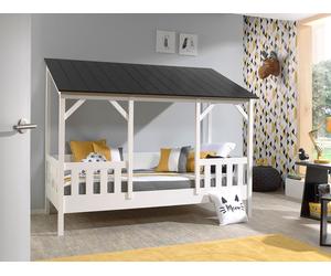 Ensemble lit de maison Vipack y compris sommier à lattes et matelas, surface de couchage 90 x 200 cm, finition blanc partiellement massif toit en noir