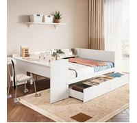 Ensemble lit double 140x200 cm avec bureau et rangements bois pin panneau soft white