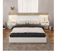 Ensemble lit double 160x200 cm avec chevets LED flottants, USB-C et prises, blanc et chêne Sonoma