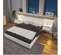 Ensemble lit double 180x200 cm bois blanc doux et chêne avec 2 tables de chevet LED suspendues, ports USB-C et prise secteur