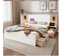 Ensemble lit double pour chambre à coucher, white-toned, en bois massif et MDF, couchage 160x200 cm avec rangements et recharge USB