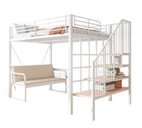 Ensemble lit mezzanine 140x200, cadre métal, sofa capitonné amovible, rangements, escalier sécurisé, blanc