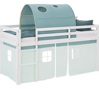 Ensemble lit mezzanine Homestyle4u 90 x 200 cm pour enfants, blanc, avec matelas OEKO-TEX® Standard 100 + sommier à lattes et rideau tunnel vert