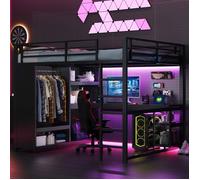 Ensemble lit surélevé gaming 160*200 cm avec LED connectée, espace travail, rangements et garde-corps, noir