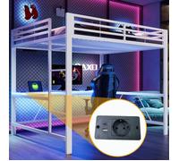 Ensemble lit surélevé gaming 160 cm avec LED connectée, chargeur USB et espace travail, blanc