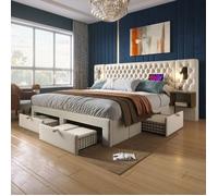Ensemble literie 180x200cm gris vintage - têtes capitonnées, rangements intégrés, chargeurs, design élégant, 500 lbs