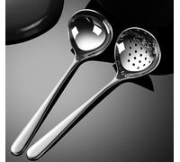 Ensemble louche et écumoire en acier inoxydable 304 - Cuillère épaisse pour soupe, ragoût et sauce - Poignée ergonomique - 25 cm - Argenté