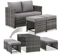 Ensemble lounge - TECTAKE - Salon en rotin 2 en 1 MONOPOLI, canapé et table-chaise 4 personnes housses amovibles - Gris