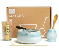 Ensemble matcha, 6 pièces : bol en céramique bleu, fouet en bambou (chasen), tamis, cuillère, accessoires