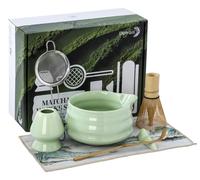 Ensemble matcha, 7 pièces, en céramique, vert, comprenant une fouet en bambou et un verseur