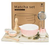 Ensemble Matcha 9 pièces, rose – Bol en céramique avec bec verseur et fouet | Ensemble à thé Matcha, fouet Matcha, support pour fouet, tamis, cuillère, tasse, ensemble de démarrage rose