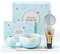 Ensemble Matcha Bleu, 6 pièces, comprenant : bol, fouet, support, cuillère, passoire et torchon