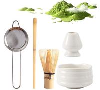 Ensemble Matcha Ibenzoa® composé de 5 pièces pour une préparation traditionnelle : fouet en bambou fait à la main, 2 cuillères en bambou, bol en céramique et tamis en acier inoxydable