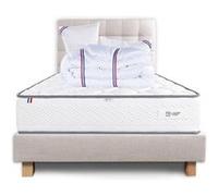Ensemble Matelas 140x190 cm, Iris, 20 cm, mémoire de forme, ferme, face été/hiver + sommier beige ep20cm + 2 oreillers + couette + Tête de Lit G